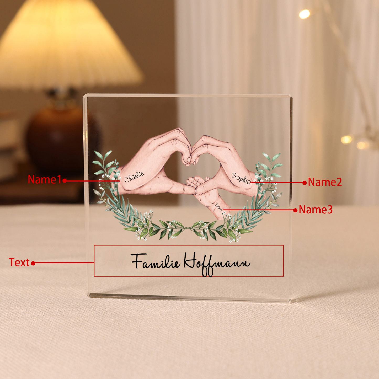 Quadrat Acryl-Deko Personalisierte 3 Namen & Text Herz Hand Familie Schreibtischdekoration