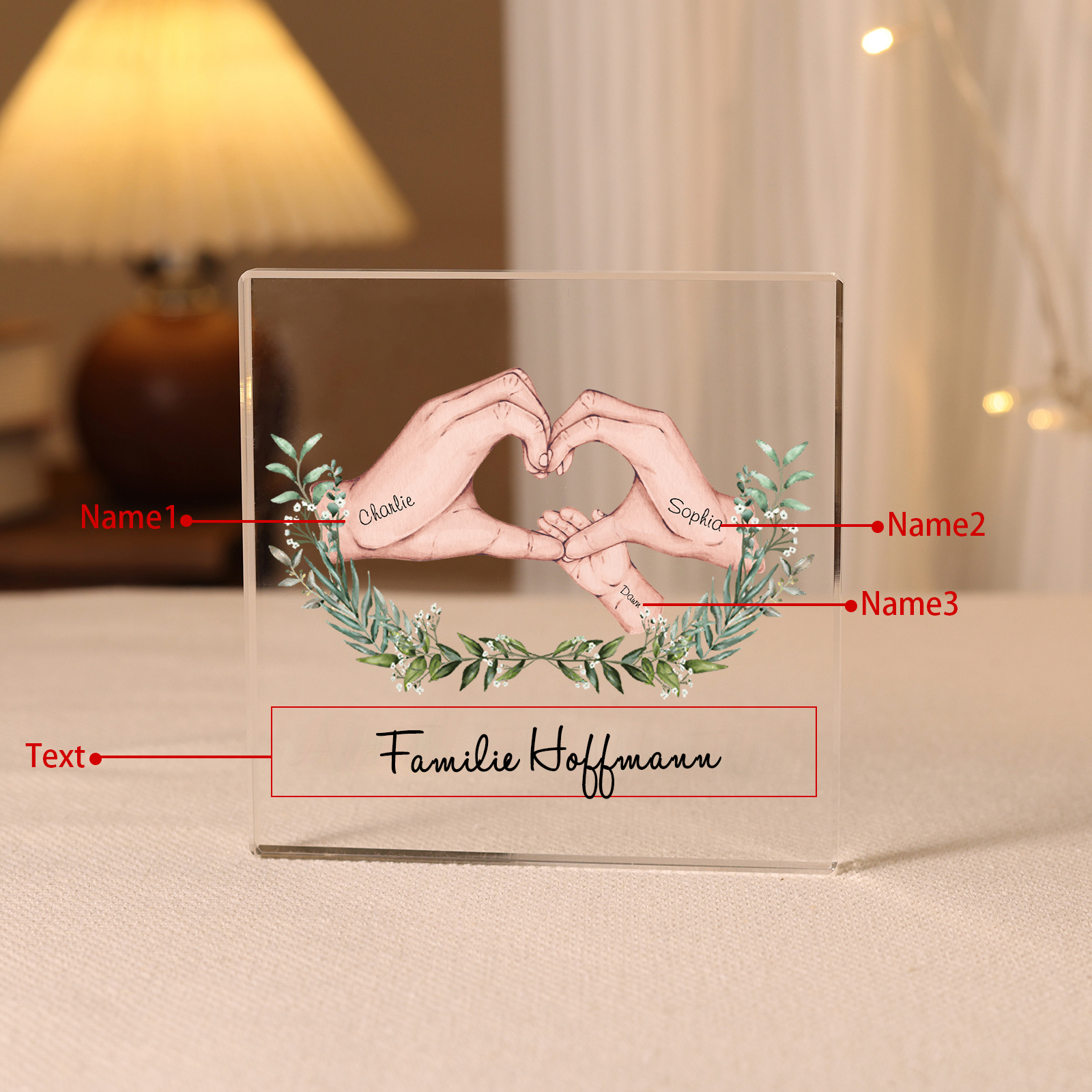 Quadrat Acryl-Deko Personalisierte 3 Namen & Text Herz Hand Familie Schreibtischdekoration