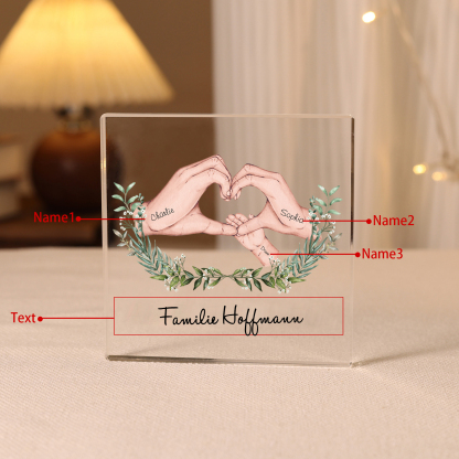 Quadrat Acryl-Deko Personalisierte 3 Namen & Text Herz Hand Familie Schreibtischdekoration