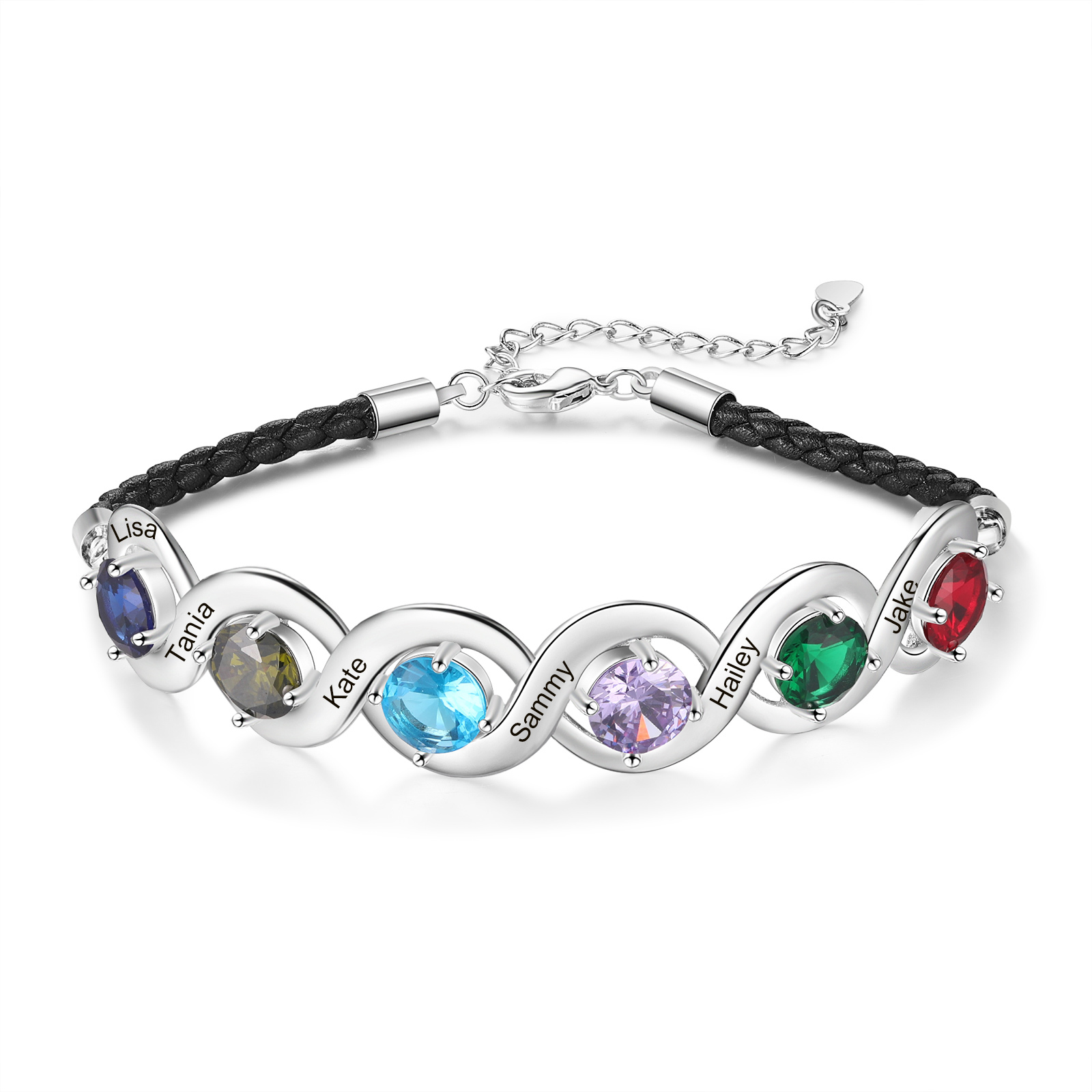 Personalisierbares Infinity Handseil Armband mit 2–6 Namen und Geburtssteinen