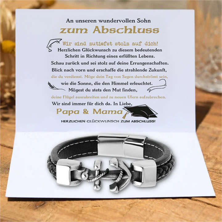Herren Anker Leder Schwarz Armband-An unseren wundervollen Sohn zum Abschluss-Geschenk mit Nachrichtenkarte