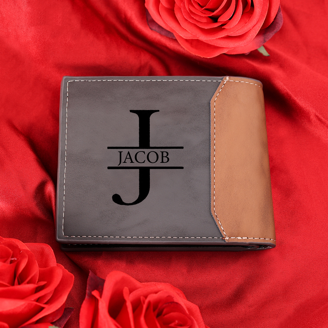 Herren Personalisierte Foto & Name & Buchstabe Grau Leder Geldbörse-Geschenk für Vater