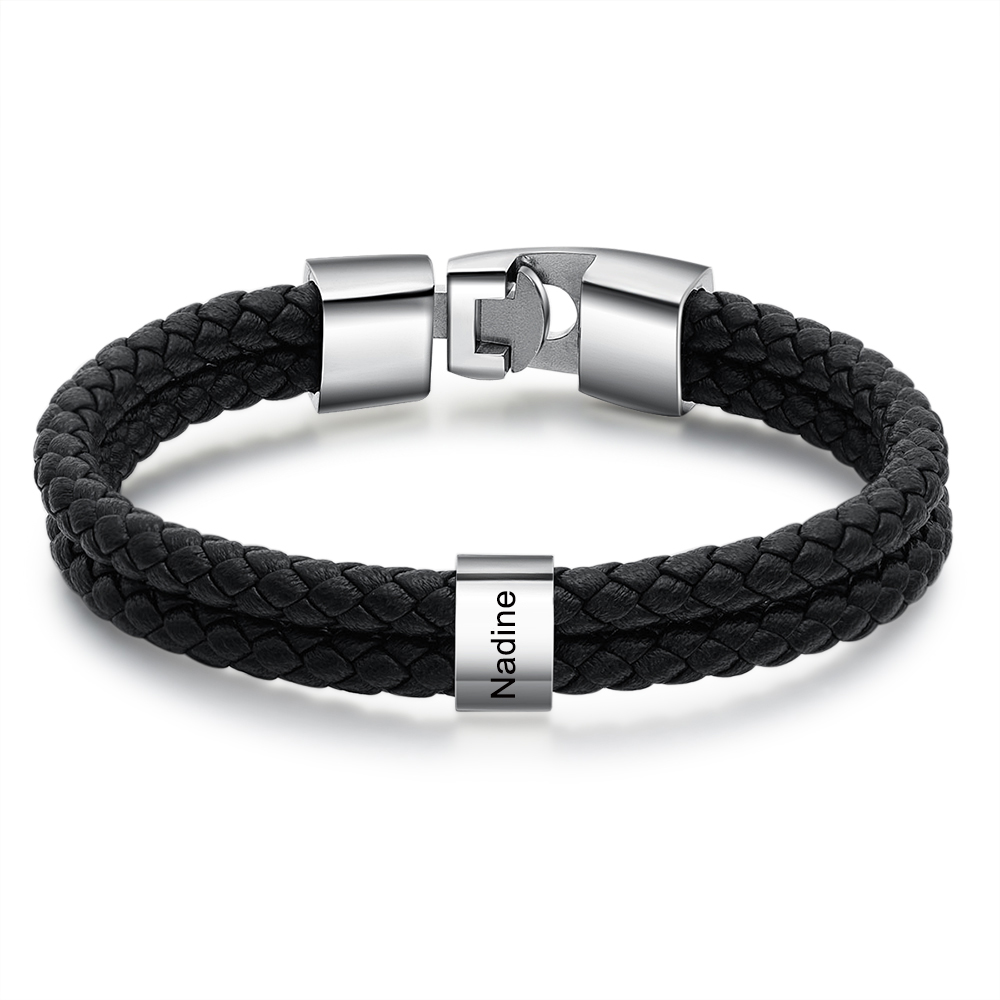 Herren Gravur 1-8 Namen Perlen Doppelt geflochtenes Lederarmband