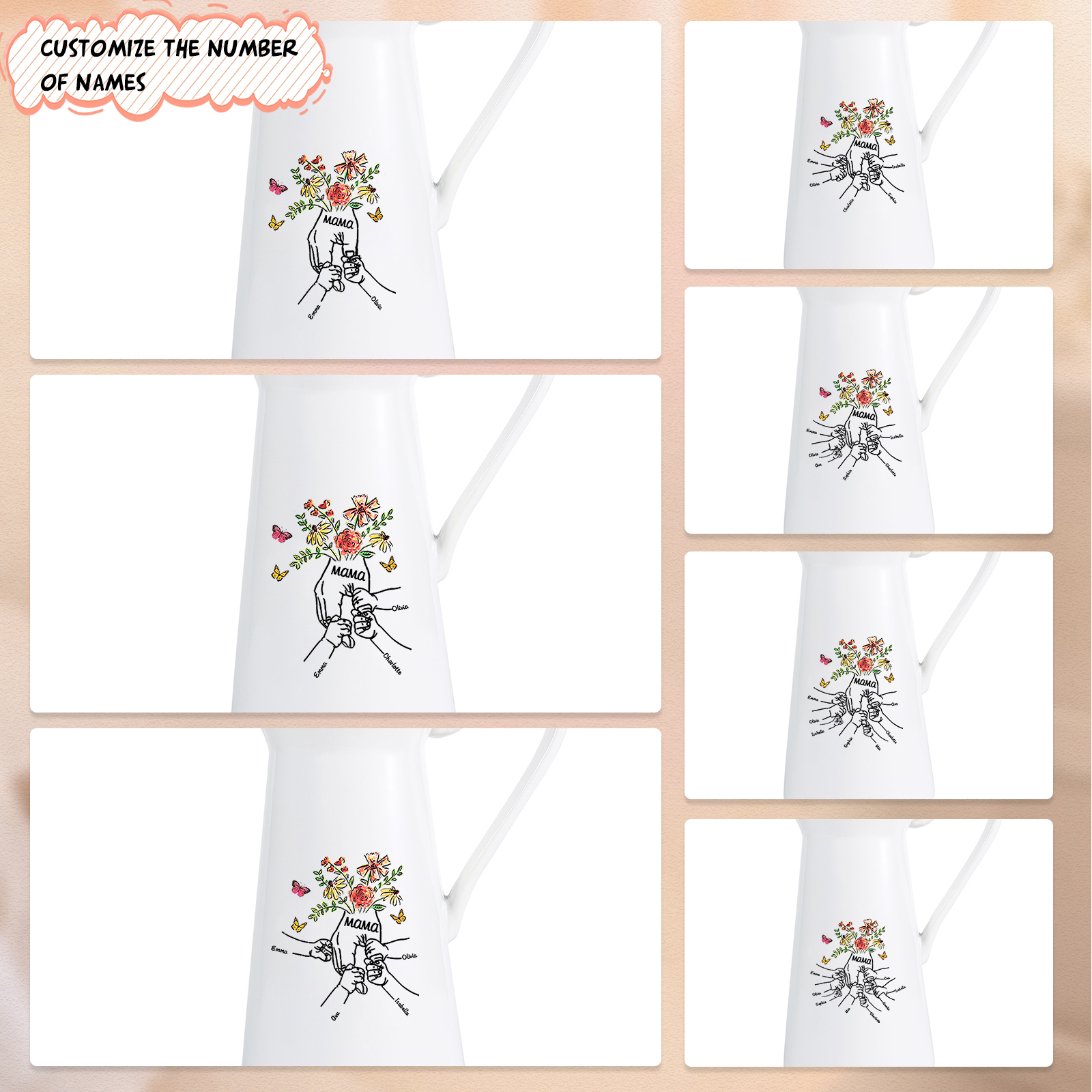 Personalisierte 3 Namen & Text Blumen Hand Gießvase mit Henkel Familie Vase
