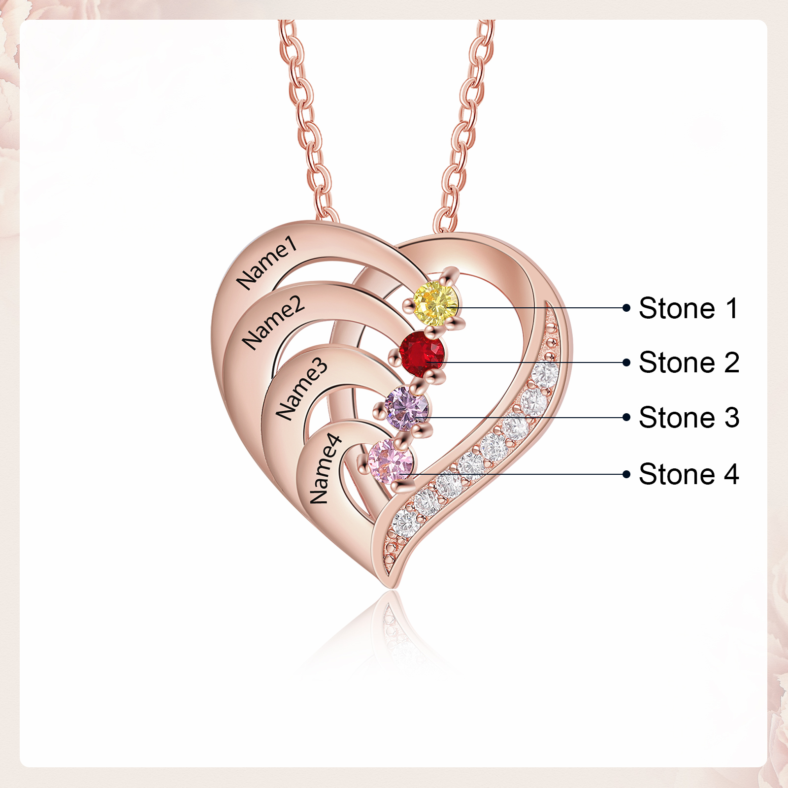 S925 Sterling Silber Personalisierte Herz Halskette 4 Namen und 4 Geburtssteine
