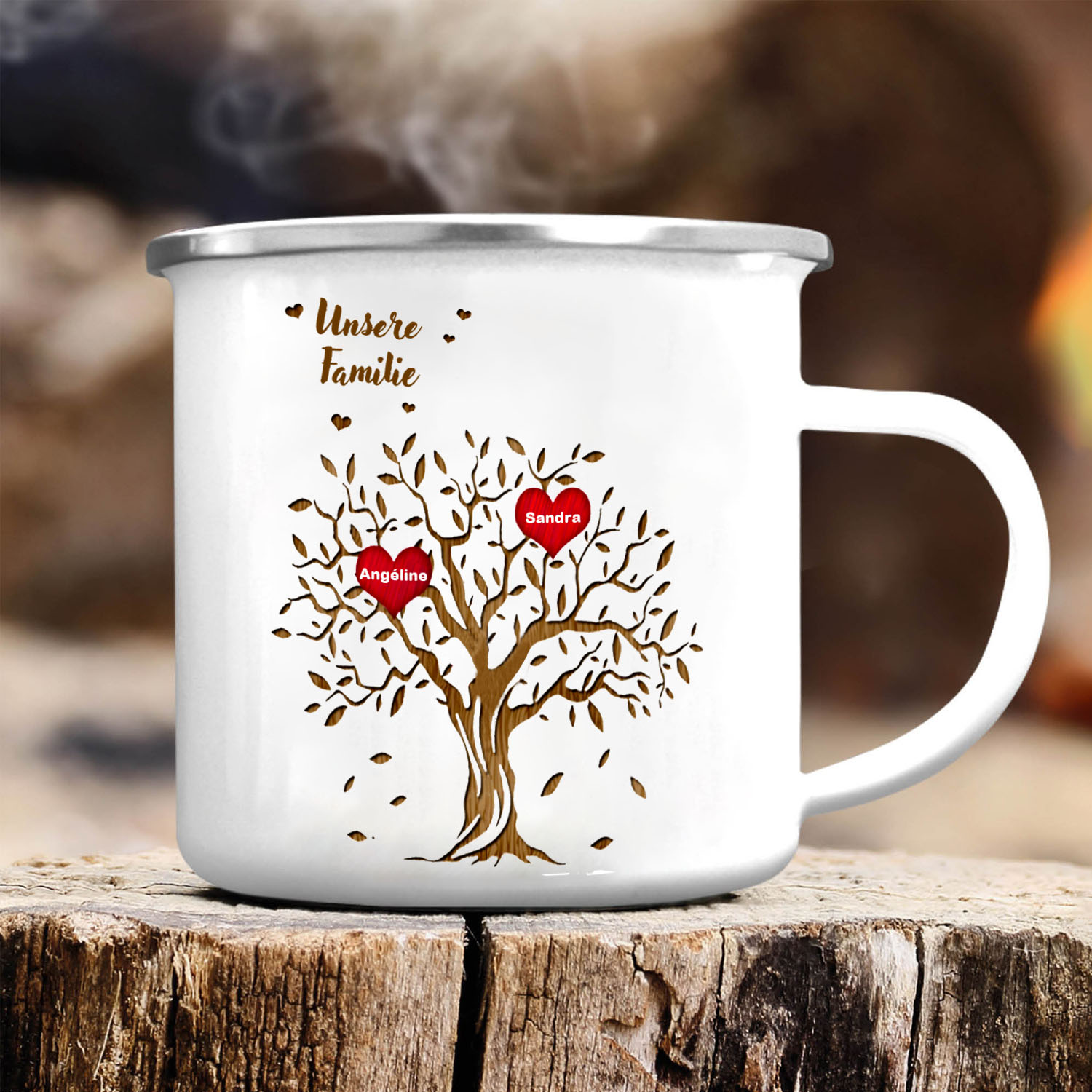 Emaile Tasse-Personalisierte 2 Namen & Text Familienstammbaum Emaille Becher