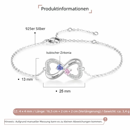 925 Sterling Silber personalisiertes Herz-Armband mit 1–3 Namen und Geburtssteinen