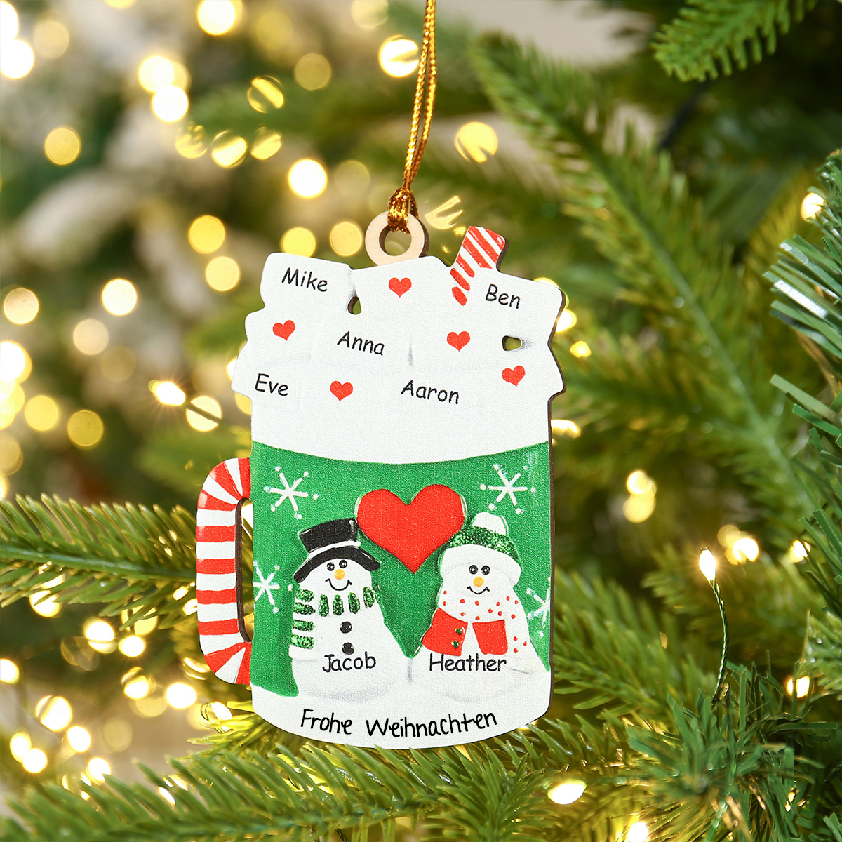 Holz Personalisierte 7 Namen & Text Kaffeetasse Weihnachtsornament Weihnachtsbaum Anhänger mit 2 Schneemännern & 5 Marshmallows