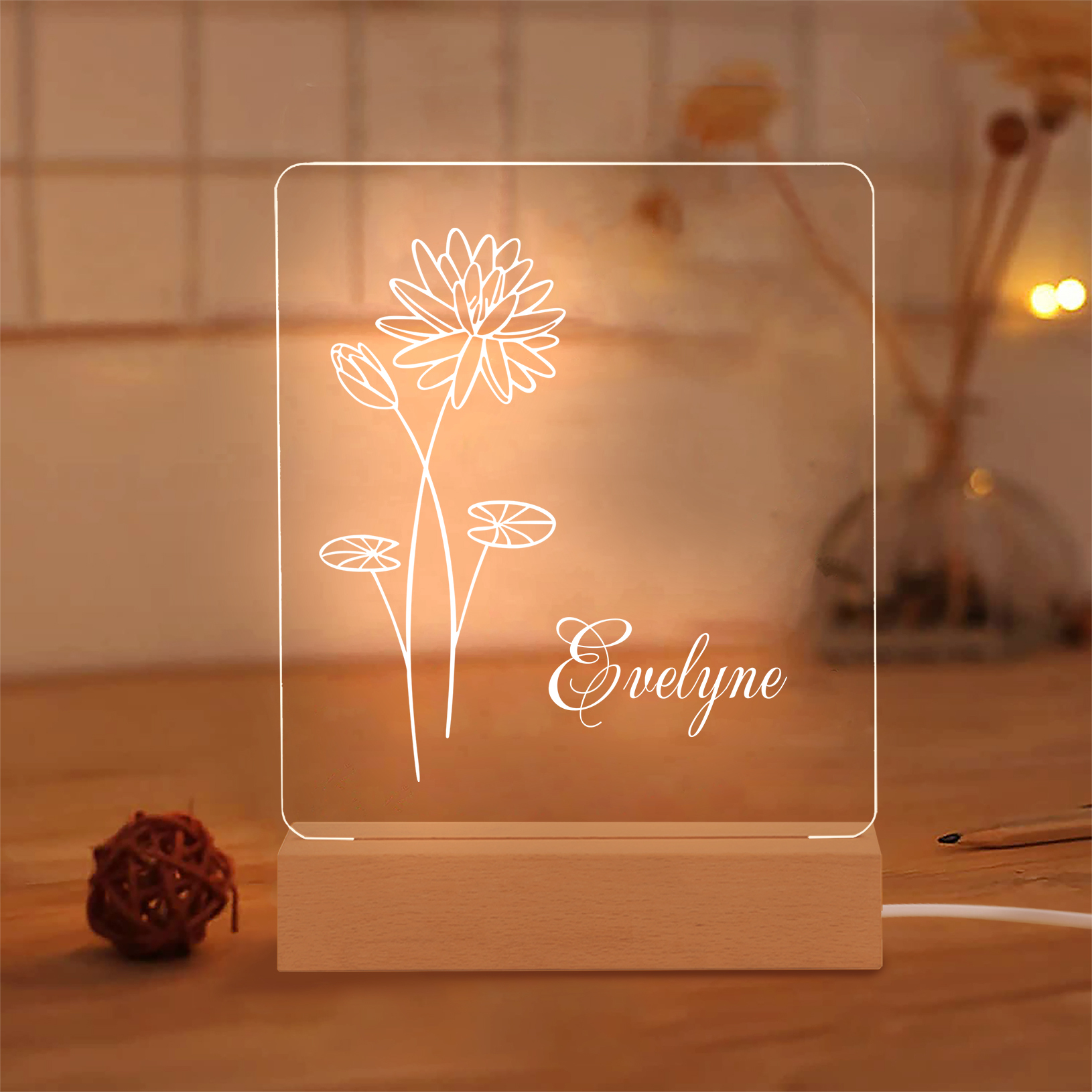 Personalisierter 1 Name & Geburtsblume Engel Acryl Nachtlicht-Geschenk zum Geburtstag