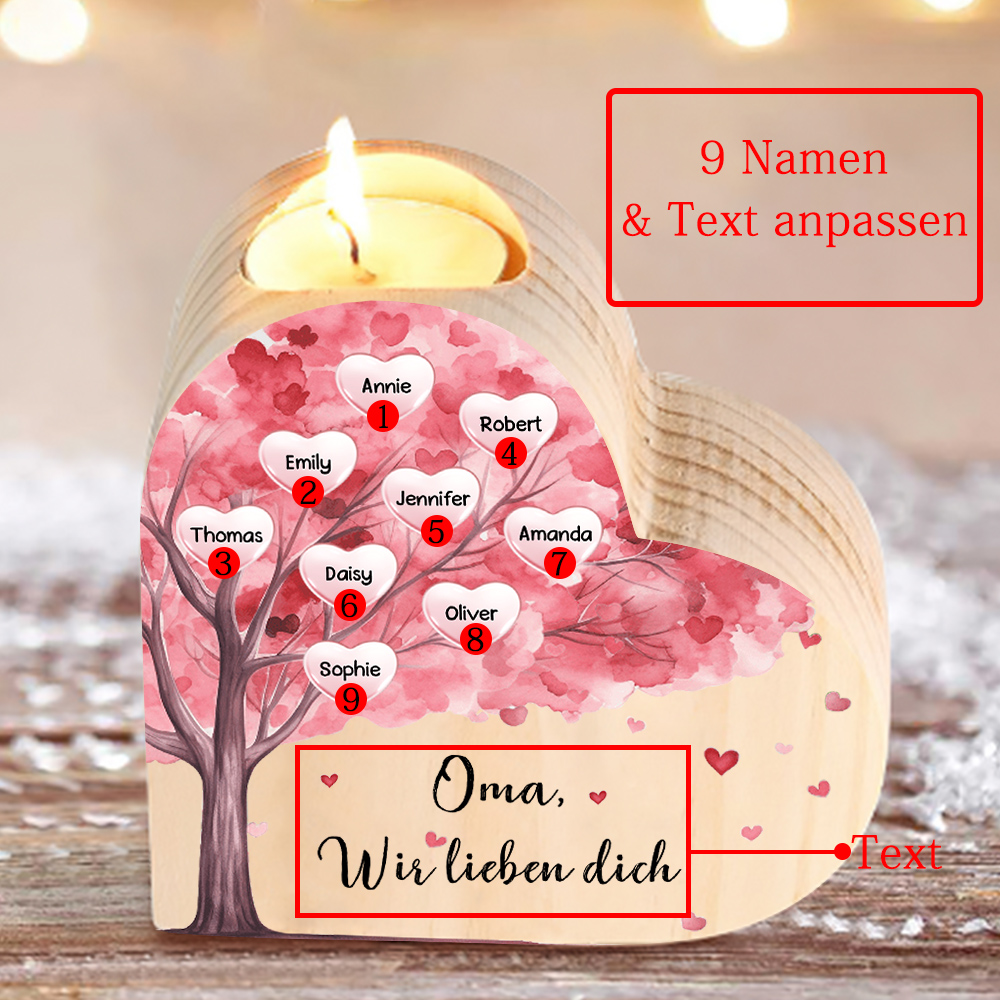Personalisierte 9 Namen & Text Rosa Baum Herzform Kerzenhalter-Geschenk für Familie
