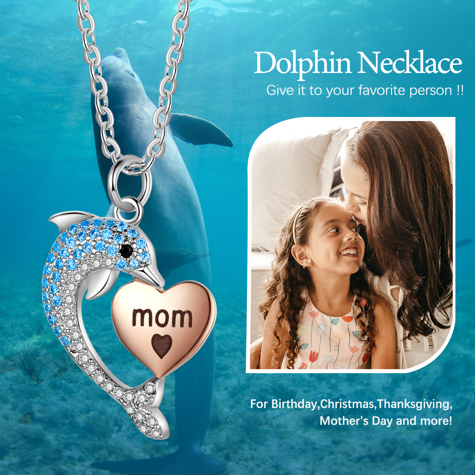 Gravur 1 Name Delphin Herz Halskette - Mutter ♡ Tochter ♡ Schwester Geschenk