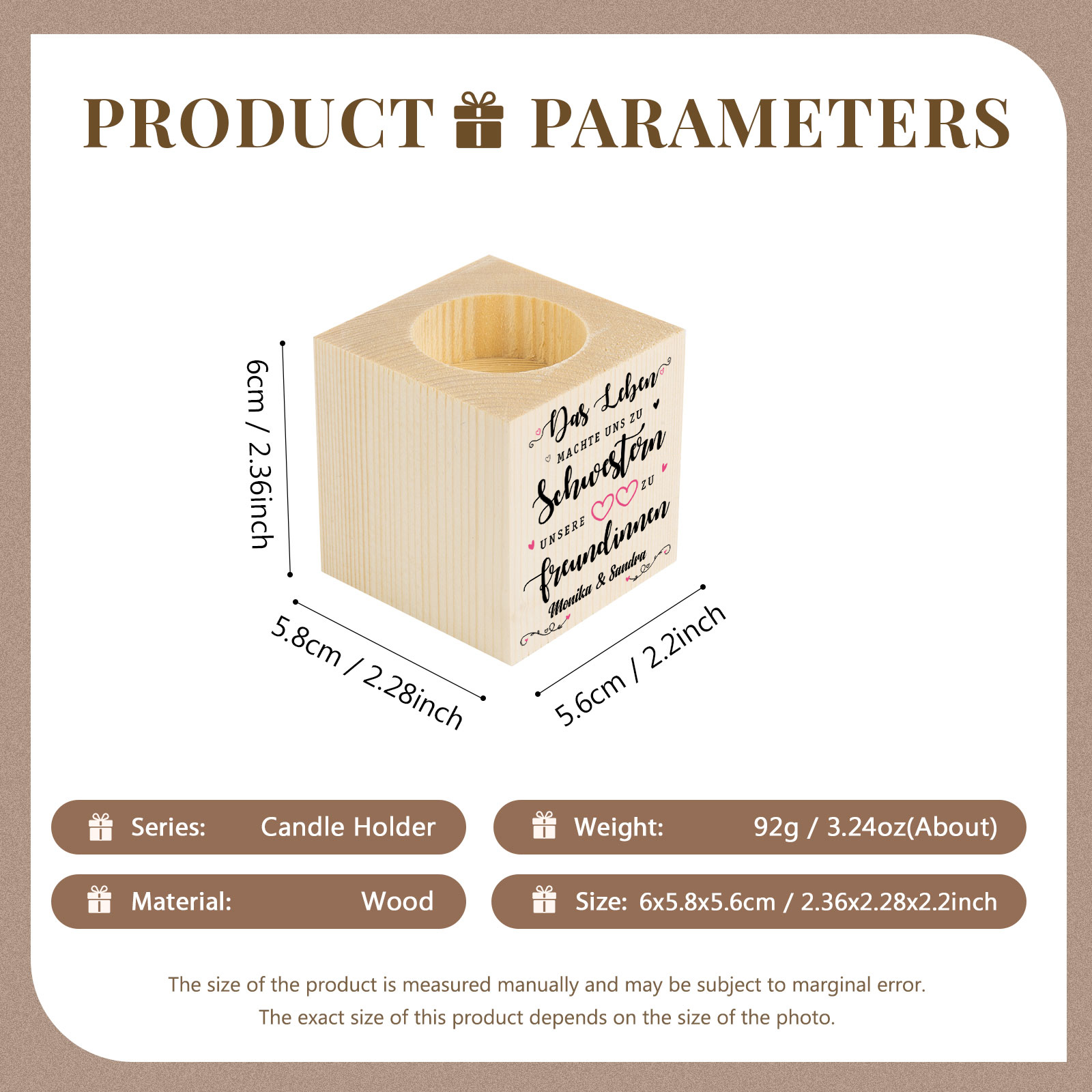Holz Kompliment Kerzenhalter 1 bedruckte Seite Personalisierter Text-Unsere Herzen machen uns zu Freundinnen-Geschenk für Schwester