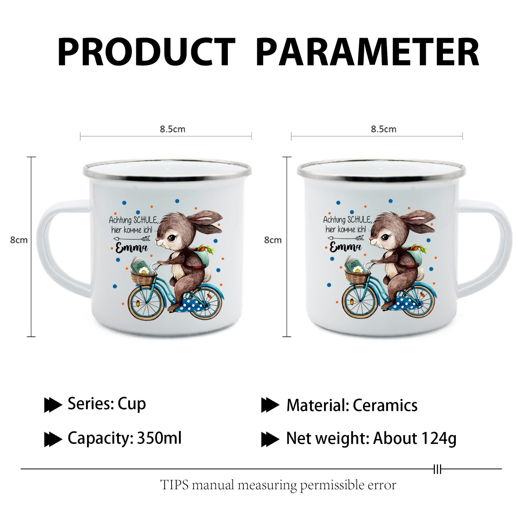 Emaille Tasse-Personalisierter Name Hase Emaille Becher Achtung Schule hier komme ich Schukind Geschenk zum Schulanfang