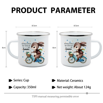 Emaille Tasse-Personalisierter Name Hase Emaille Becher Achtung Schule hier komme ich Schukind Geschenk zum Schulanfang