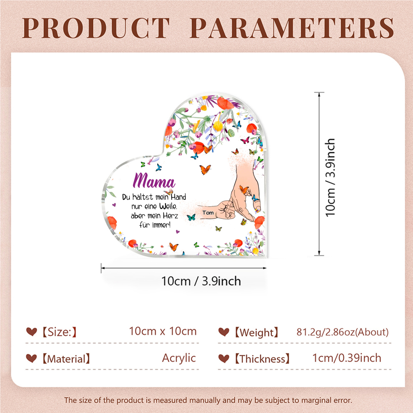 Personalisierter 1 Name Herz Acryl-Deko -Mama Du hältst mein Hand nur eine Weile, aber mein Herz für immer- Schreibtischdekoration für Mutter