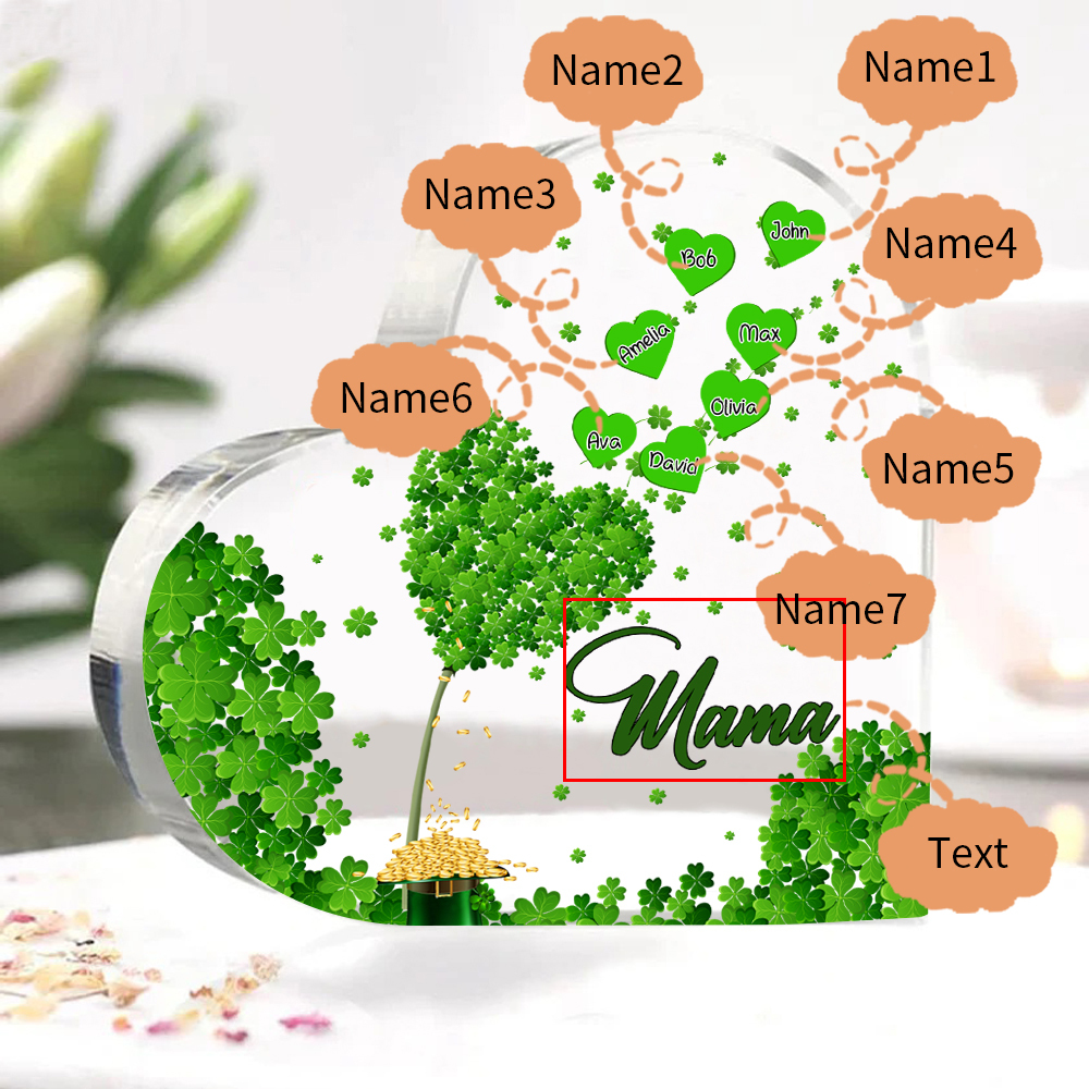Personalisierte 7 Namen & Text Familie vierblättriges Kleeblatt Acryl-Deko Schreibtischdekoration für Mutter