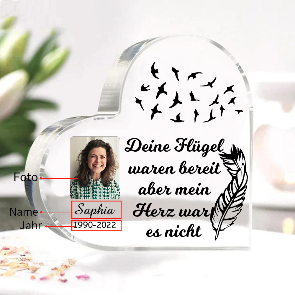 Personalisierter Name & Jahr & Foto Acryl-Deko-Deine Flügel waren bereit aber mein Herz war es nicht-Trauer Schreibtischdekoration