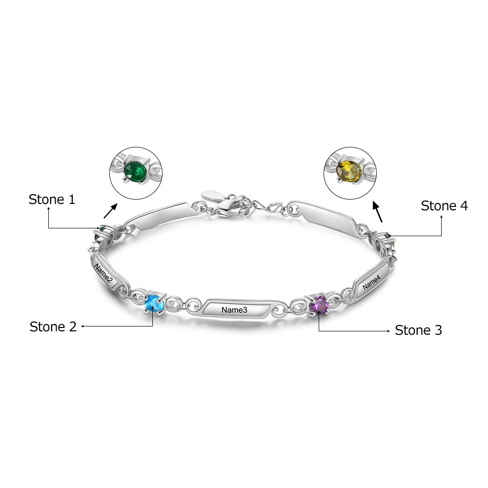 Personalisiertes Armband mit eingravierten 4 Namen und 4 Geburtssteinarmbändern