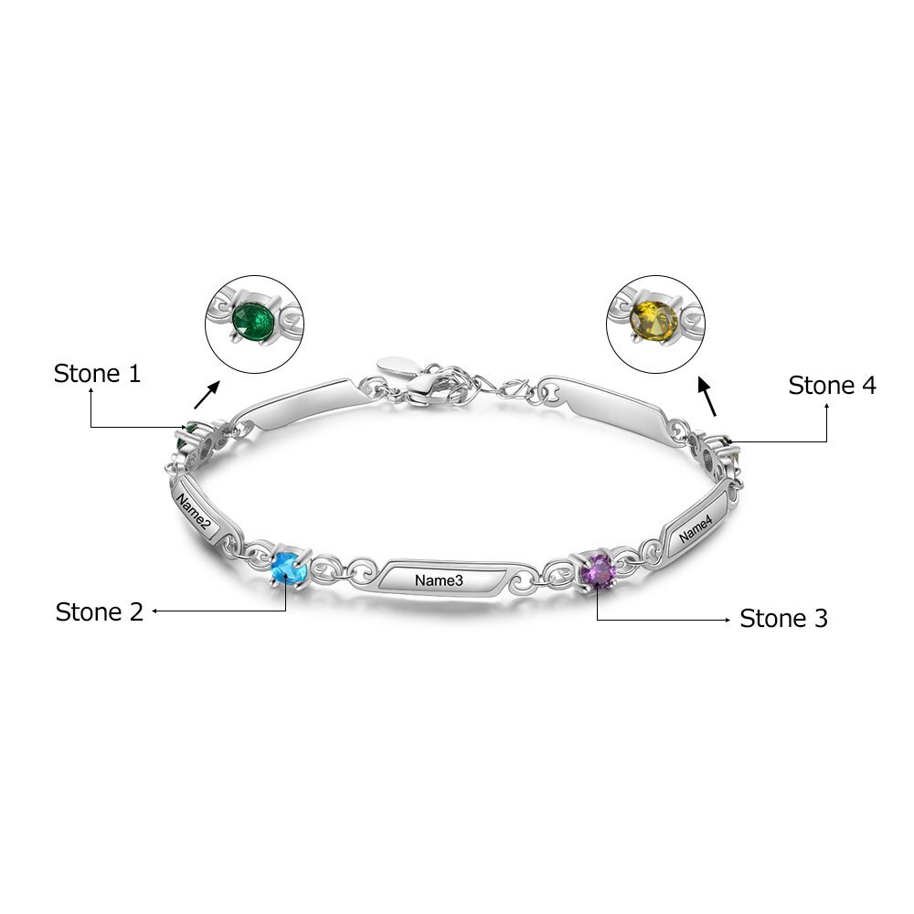 Personalisiertes Armband mit eingravierten 4 Namen und 4 Geburtssteinarmbändern