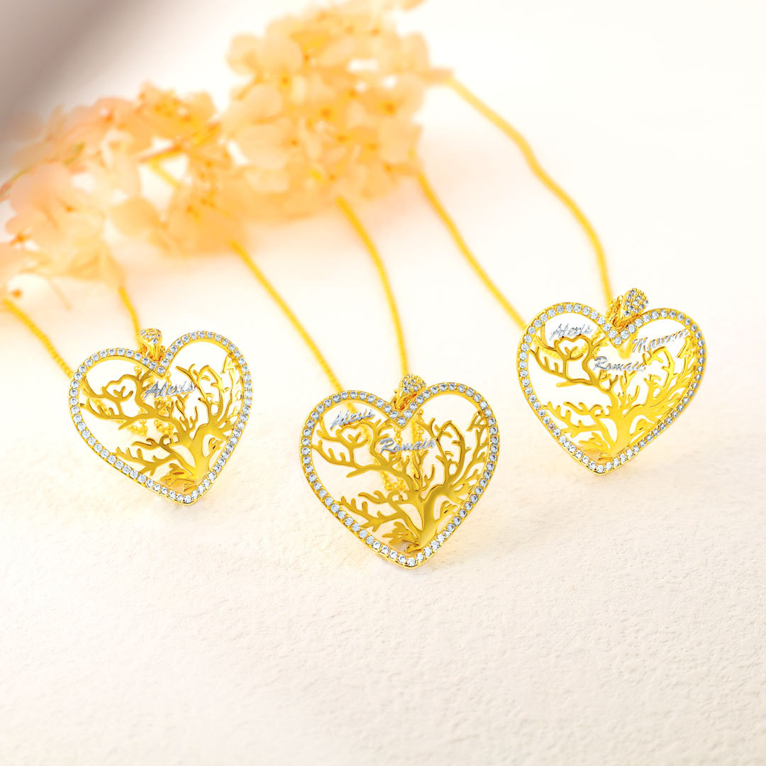 Personalisierte Lebensbaum-Herz-Halskette mit 1–6 Namen