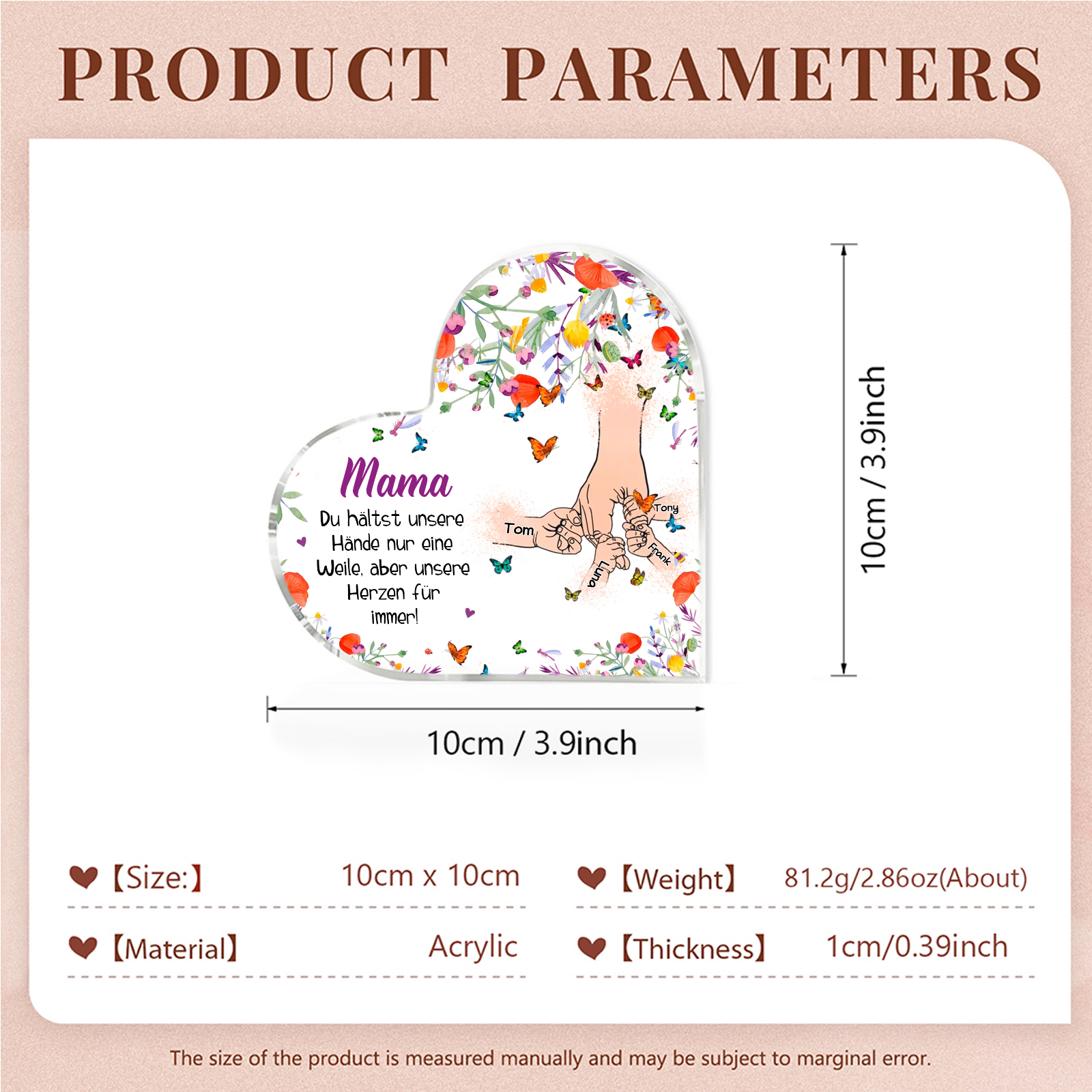 Personalisierte 4 Namen Herz Acryl-Deko -Mama Du hältst mein Hand nur eine Weile, aber unsere Herzen für immer- Schreibtischdekoration für Mutter