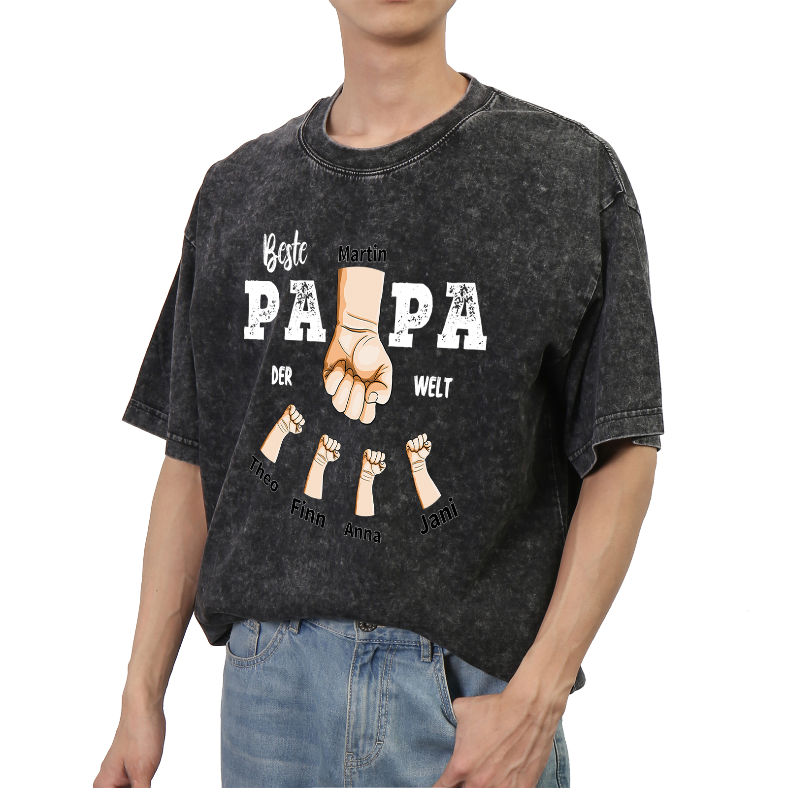 Personalisierte 1-6 Namen Fauststoß Bester Papa der Welt Herren Familie T-Shirt 