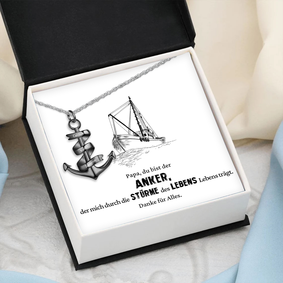 925 Sterling Silber Personalisierte 3 Namen Anker Halskette für Vater -Geschenk mit Nachrichtenkarte