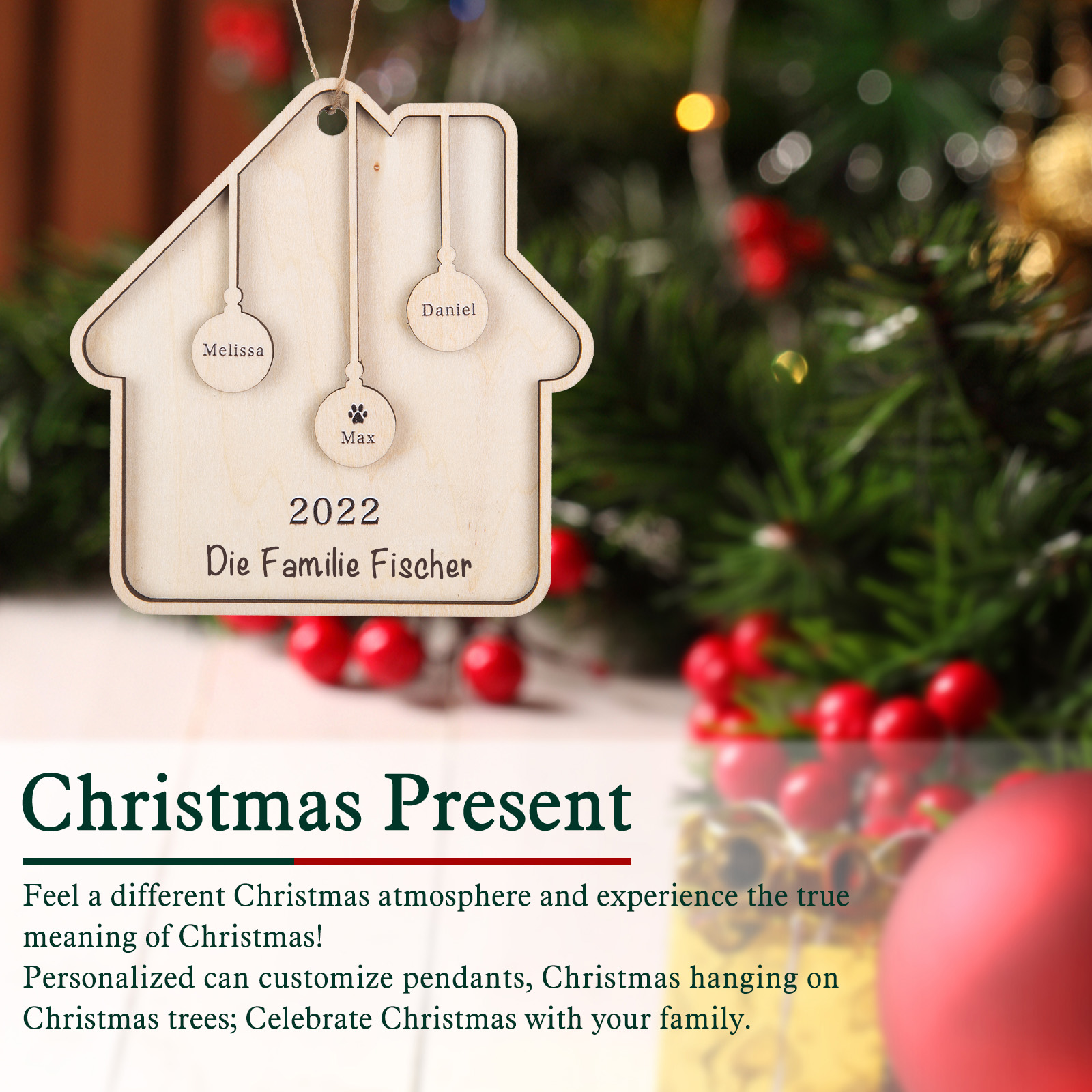Holz Weihnachtsornament-Personalisiertes 3 Namen Text Jahr Haus Ornament Anhänger 