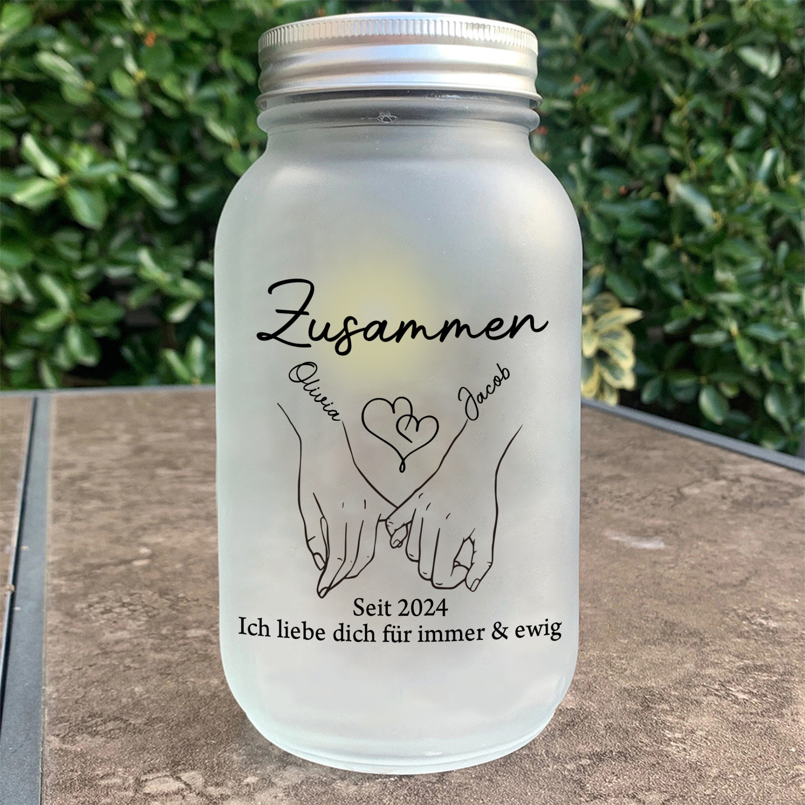 Personalisierte Milchglas-LED-Glasflasche Hand & Herz für Paar—"Ich liebe dich für immer."
