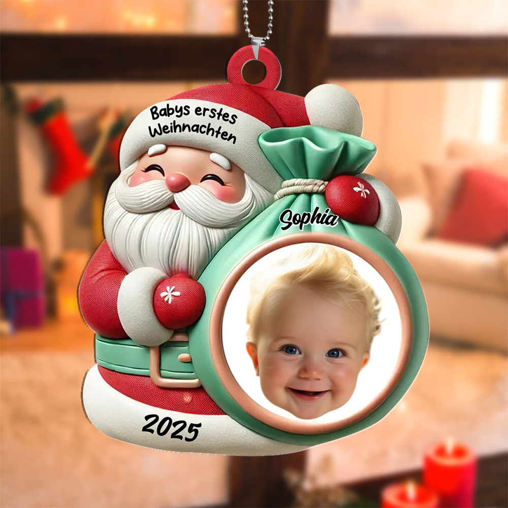 Personalisiertes Weihnachtsmann-Ornament mit Name, Jahr und Foto – Geschenk zu Babys erstem Weihnachten