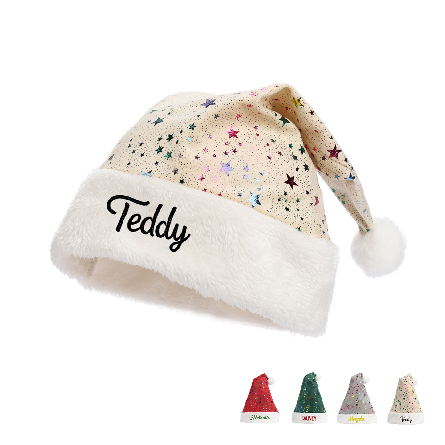 Weihnachtsmütze personalisiert – Namensstickerei, Auswahl an Schriftarten und Farben, mit Glitzersternen