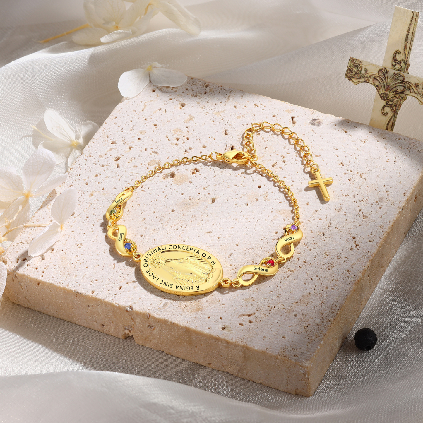 Personalisierbares Infinity-Armband aus Gold mit Marienmedaille & Geburtsstein