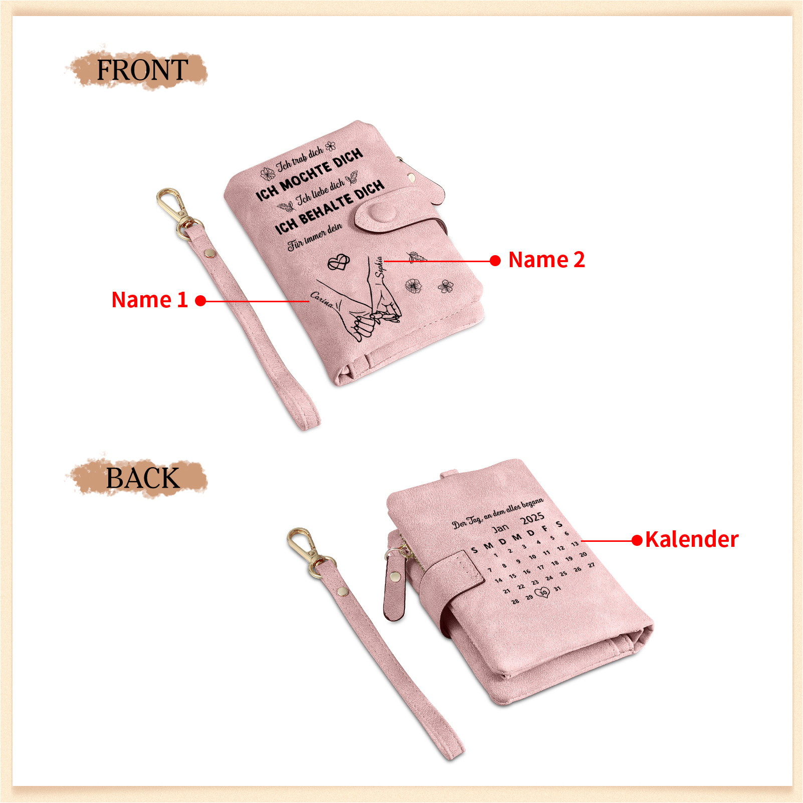 Personalisierte rosa Damen-Geldbörse mit Namen, Datum &  „ Ich liebe dich “