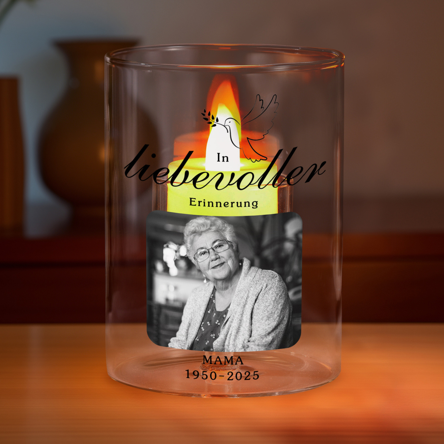 Personalisierter Gedenk-Kerzenhalter aus Glas mit Foto