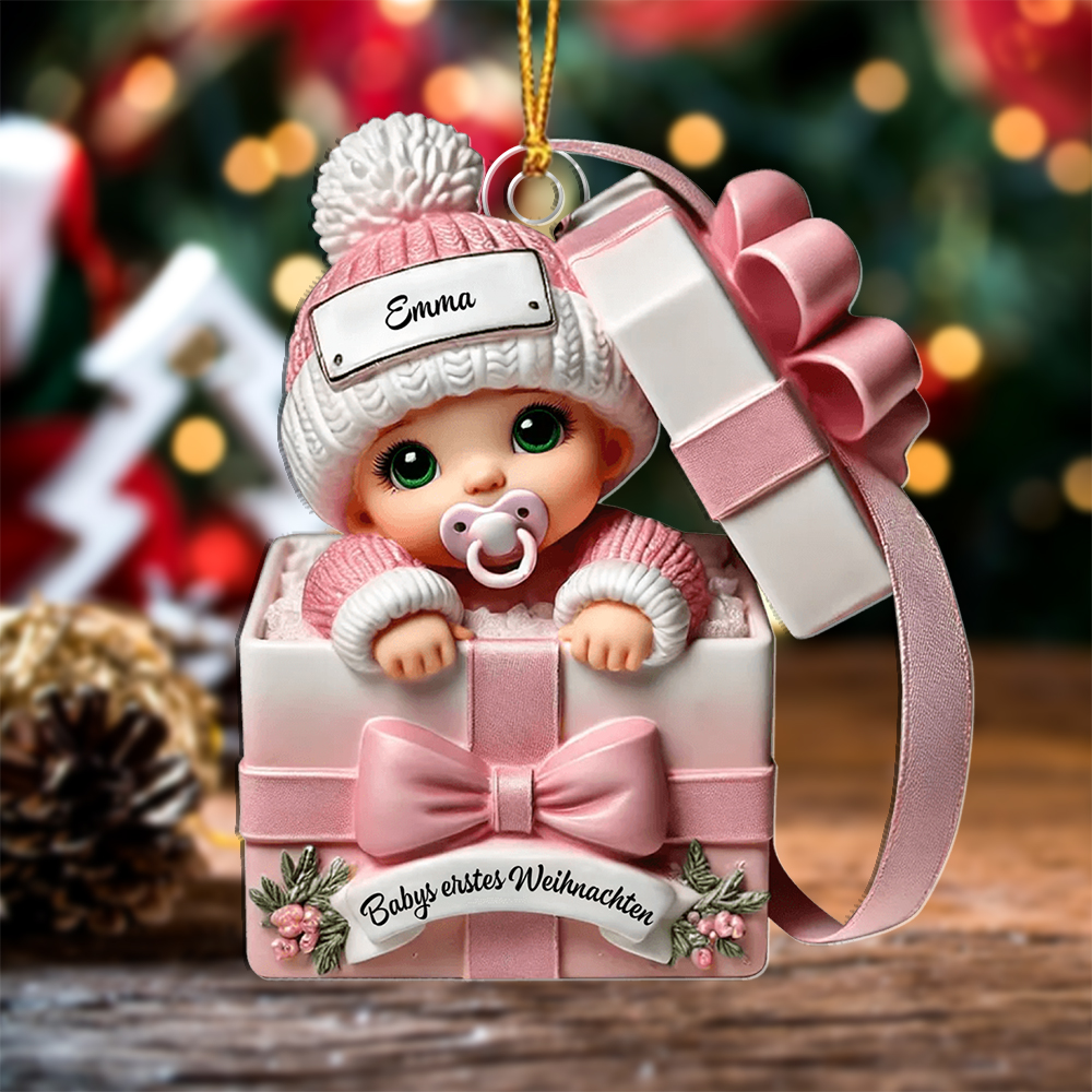 Rosa Baby-Chrisbaumanhänger Neugeborenes mit Name—“Babys erstes Weihnachten”