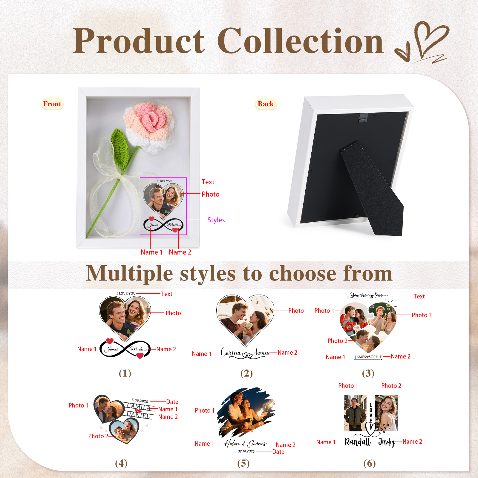 Personalisierter 3D-Rahmen mit Häkelrose für Paare