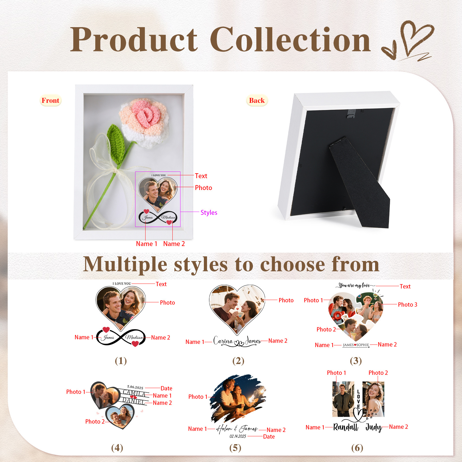 Personalisierter 3D-Rahmen mit Häkelrose für Paare