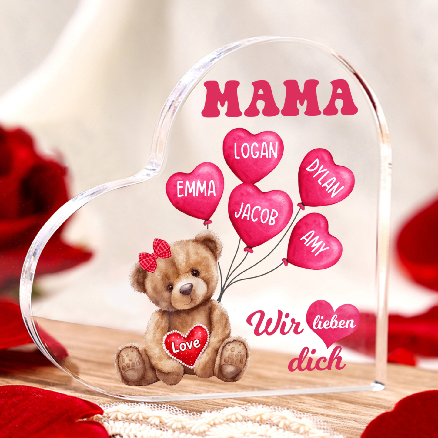 Personalisierte 5 Namen & Text Herz Acryl-Deko Teddybär & Herzballon -Wir lieben dich- Familie Schreibtischdekoration
