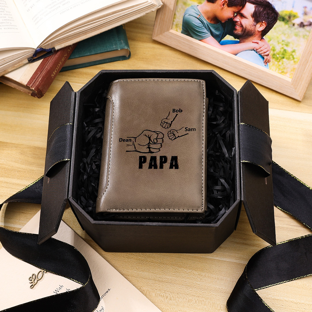 Herren Personalisierte 3 Namen & Text Leder Papa und Kinder Geldbörse Geschenk für Vater