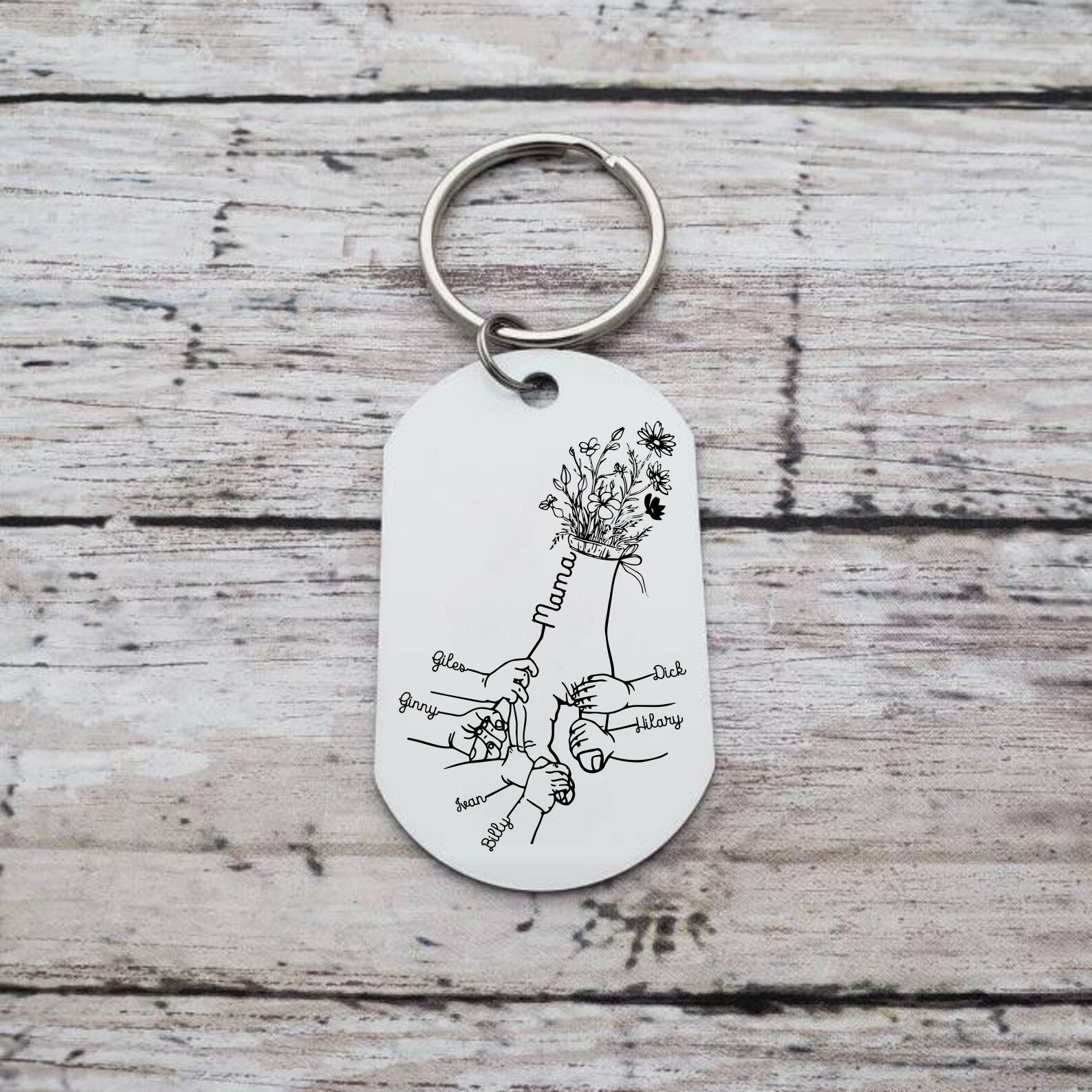 Personalisierbare 7 Namen Blume Hand Familie Schlüsselanhänger für Mutter