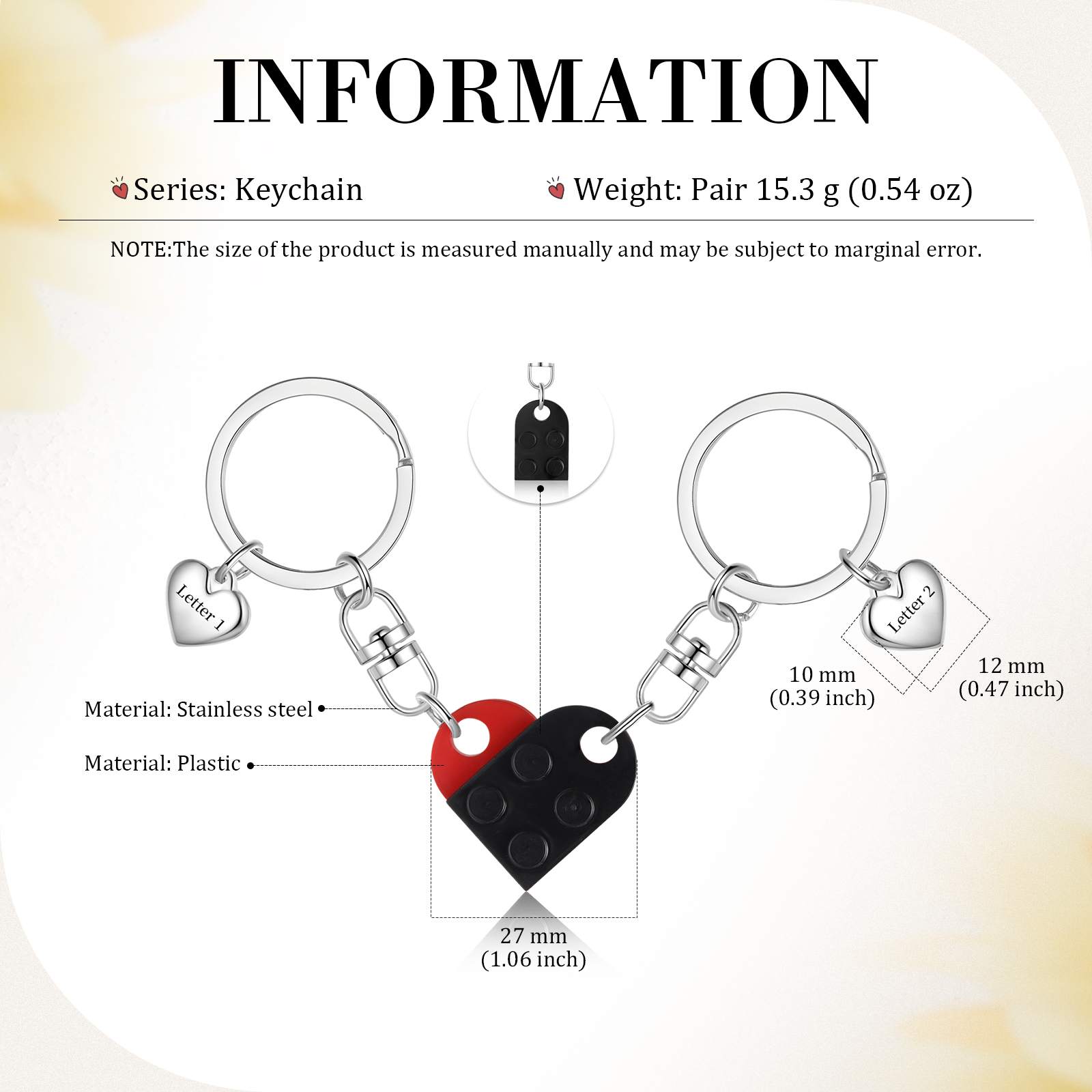 Personalisierbare 2 Buchstaben Herz Bausteine Paar Metall-Schlüsselanhänger