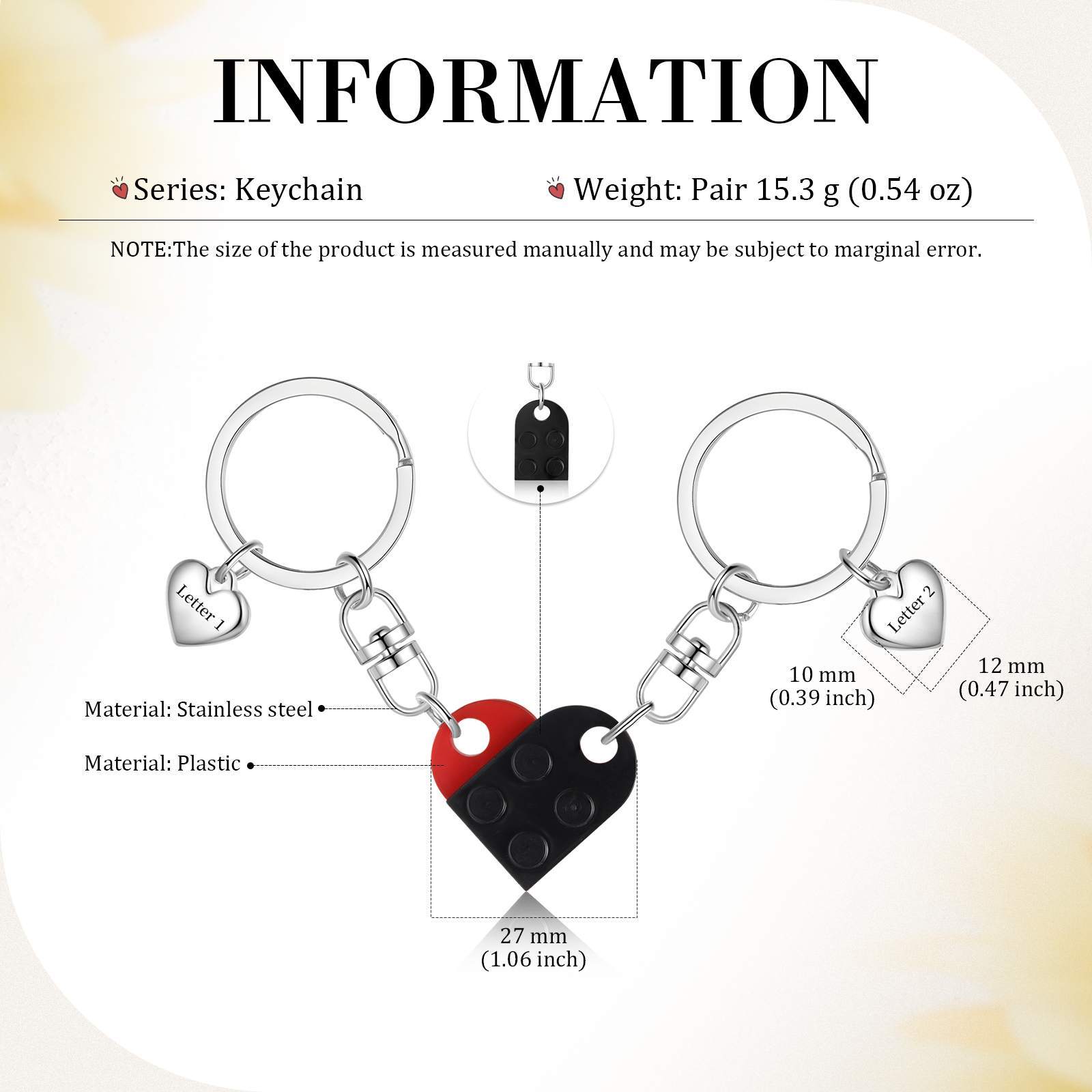 Personalisierbare 2 Buchstaben Herz Bausteine Paar Metall-Schlüsselanhänger