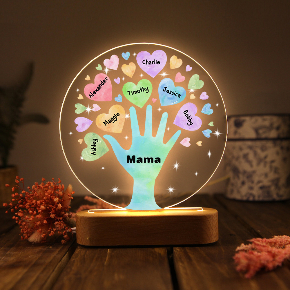 Personalisierte 7 Namen & Text Familie Hand Nachtlicht Geschenk für Großmutter/Mutter zum Muttertag
