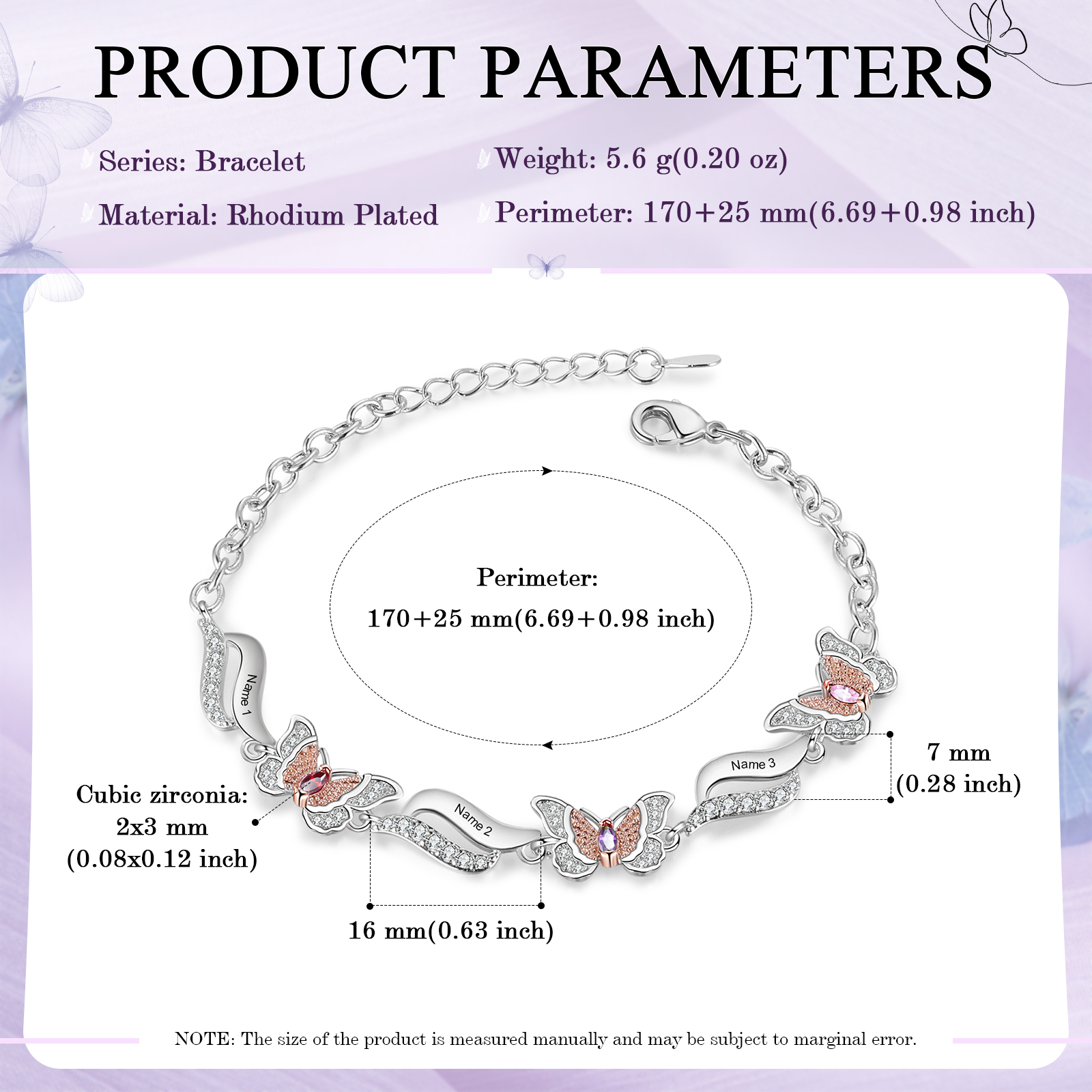 Personalisierte 3 Namen & 3 Geburtssteine Schmetterling Armband mit Zirkonia