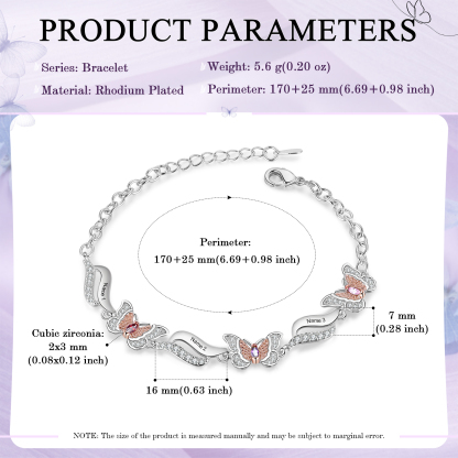 Personalisierte 3 Namen & 3 Geburtssteine Schmetterling Armband mit Zirkonia
