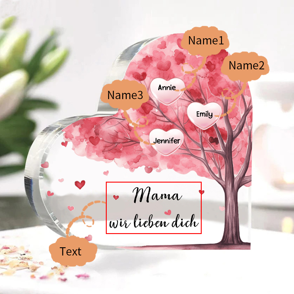 Personalisierte 3 Namen & Text Rosa Familienbaum Familie Acryl-Deko Schreibtischdekoration für Mutter