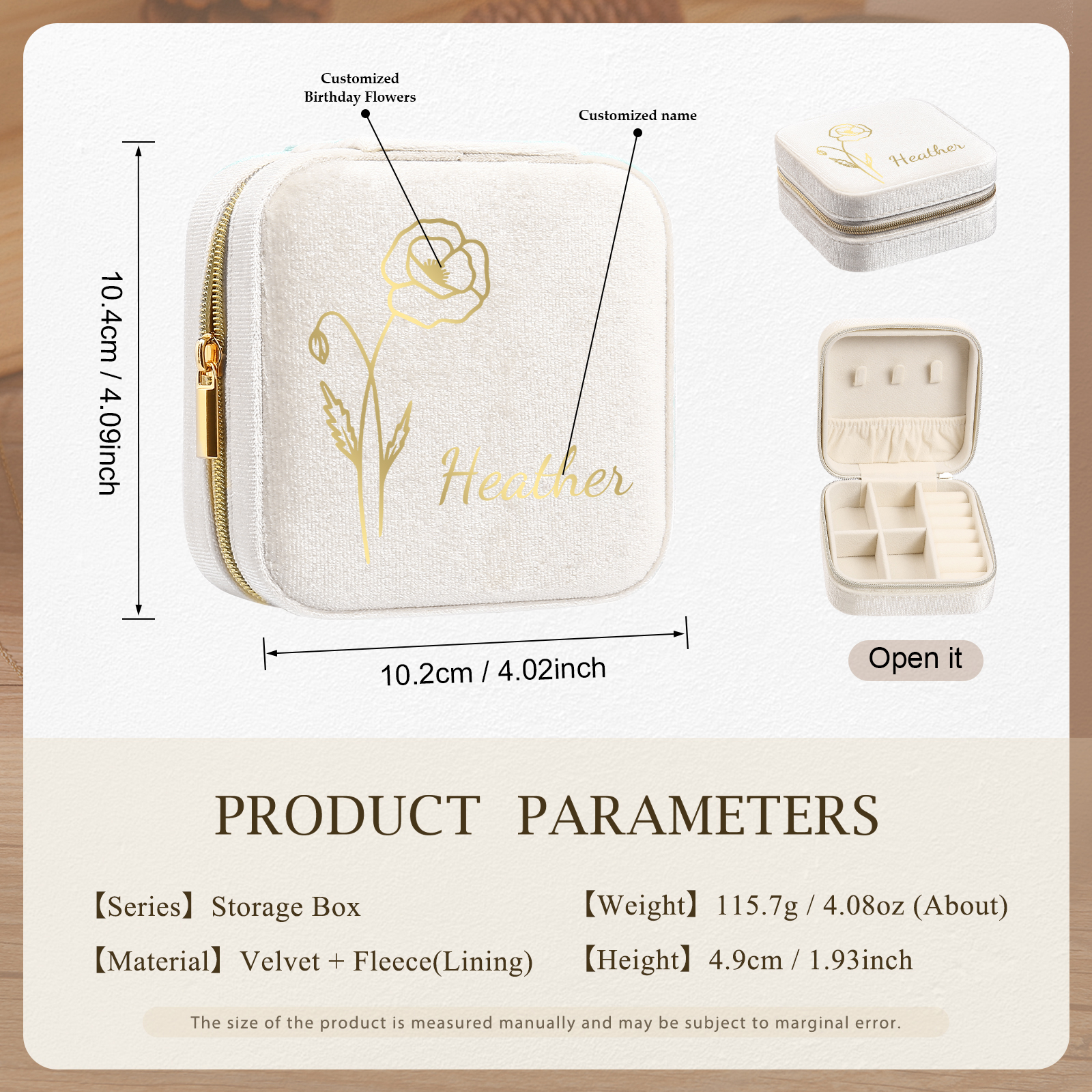 Personalisierbarer Name & Geburtsblume klein Velvet Schmuckaufbewahrung Schmuckzubehör Aufbewahrungsbox für Schmuck
