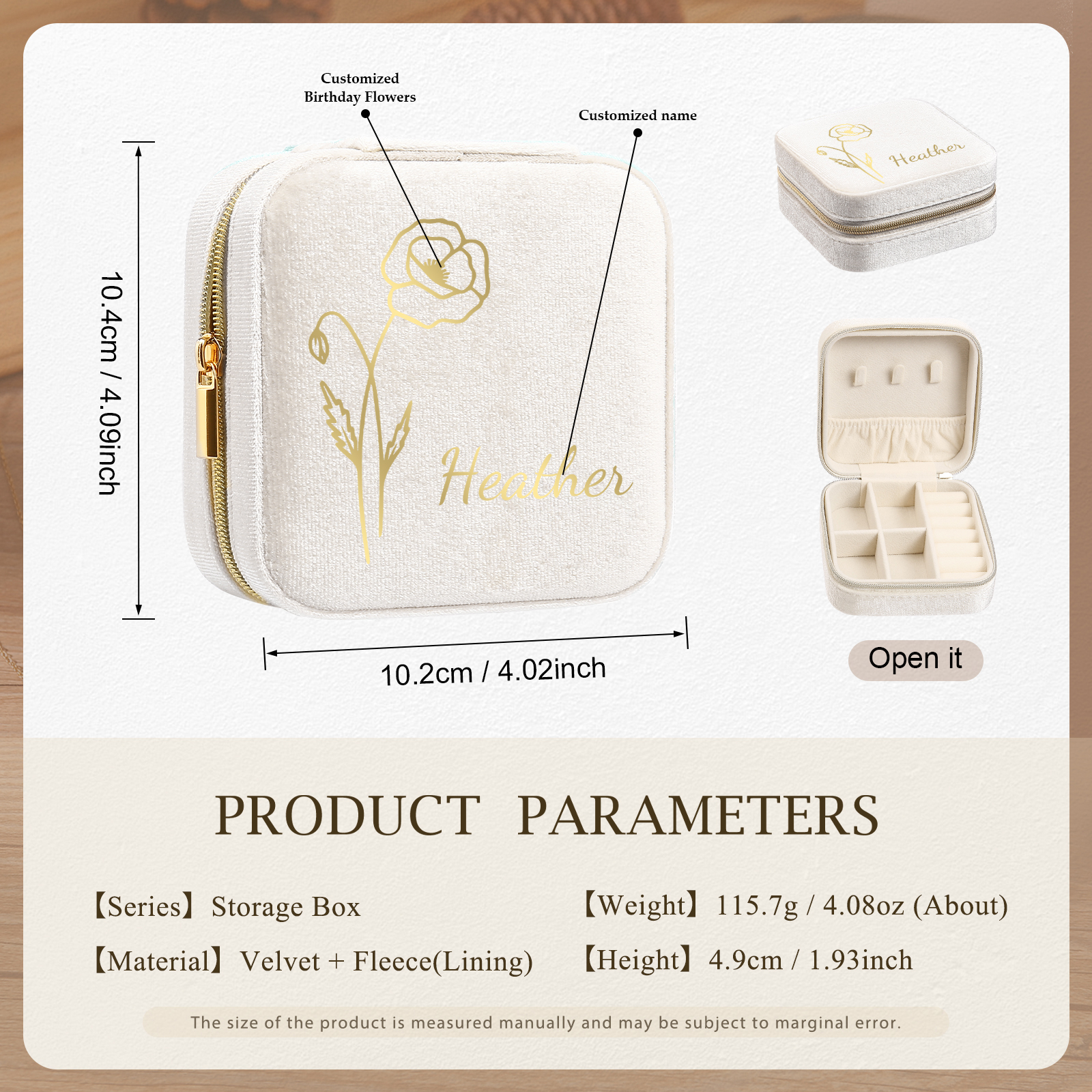 Personalisierbarer Name & Geburtsblume klein Velvet Schmuckaufbewahrung Schmuckzubehör Aufbewahrungsbox für Schmuck