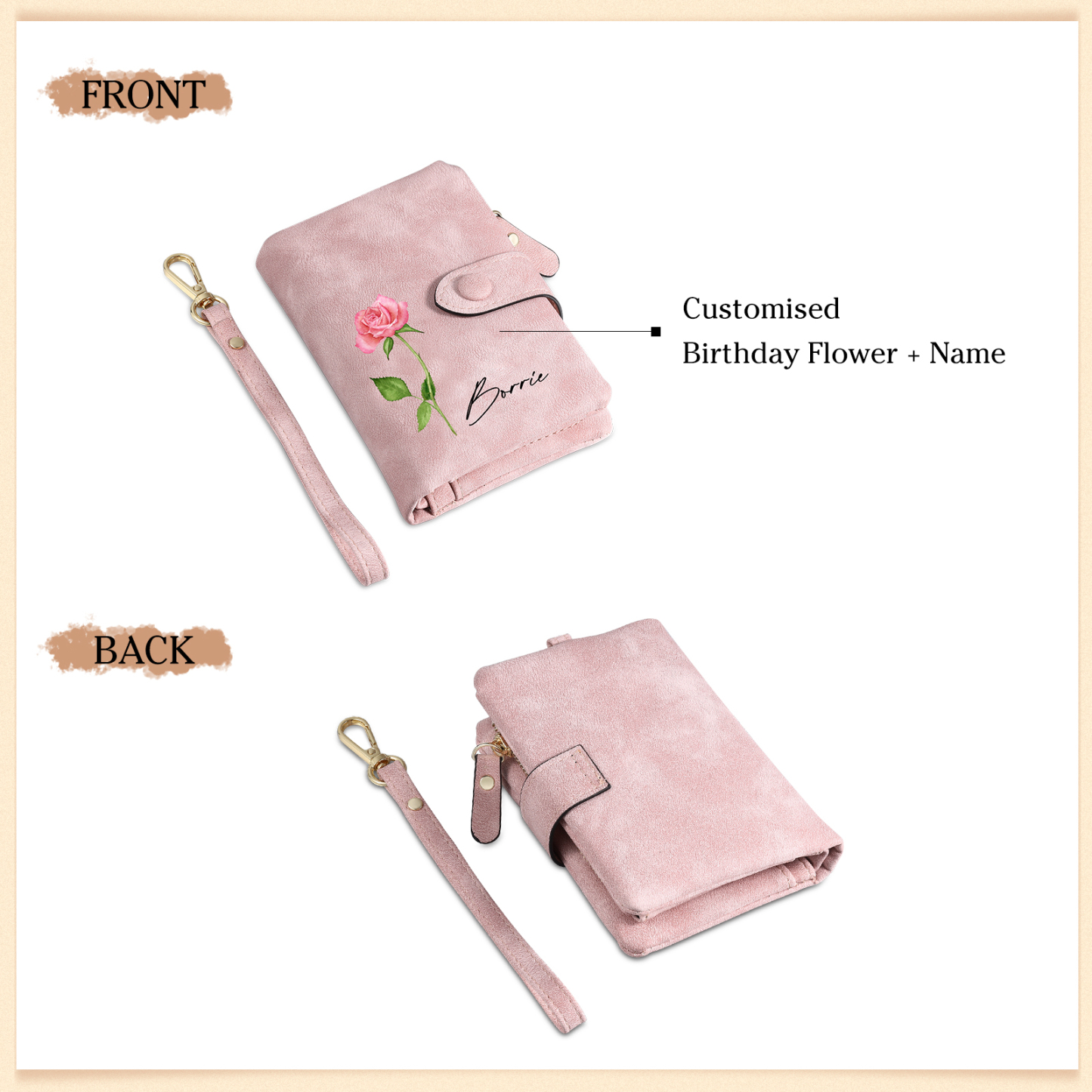 Damen Personalisierter Name & Geburtsblume PU Leder Geldbörse