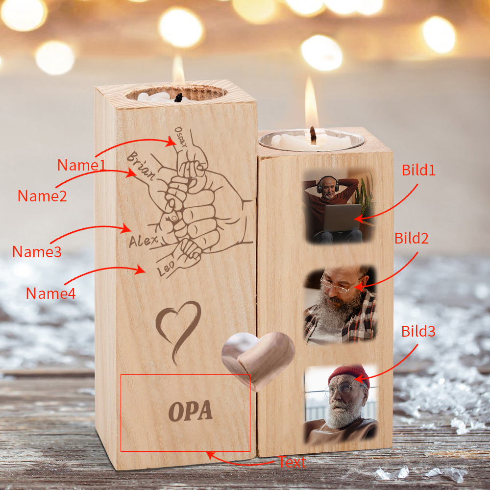 Personalisierter Text & 4 Namen & 3 Foto Kerzenhalter-Kerzenständer für Großvater